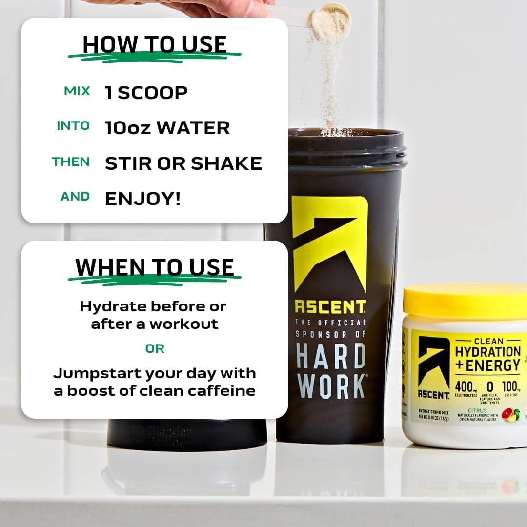 Ascent Clean Hydration + Energy Electrolytes Powder - 100mg Caffeine, 400mg Electrolytes, No Artificial Ingredients, Orange Mango 40 Servings
