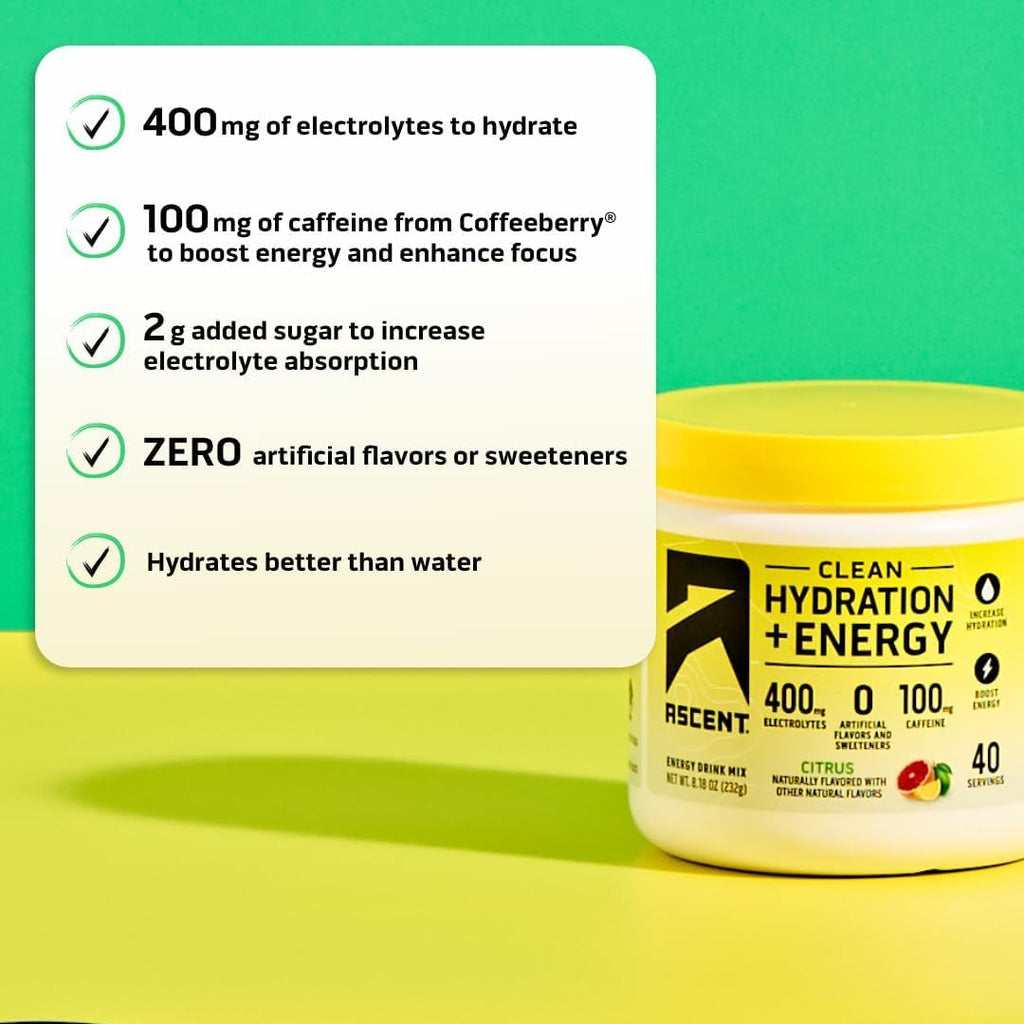 Ascent Clean Hydration + Energy Electrolytes Powder - 100mg Caffeine, 400mg Electrolytes, No Artificial Ingredients, Orange Mango 40 Servings