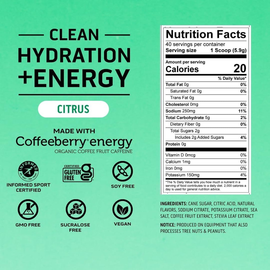 Ascent Clean Hydration + Energy Electrolytes Powder - 100mg Caffeine, 400mg Electrolytes, No Artificial Ingredients, Orange Mango 40 Servings