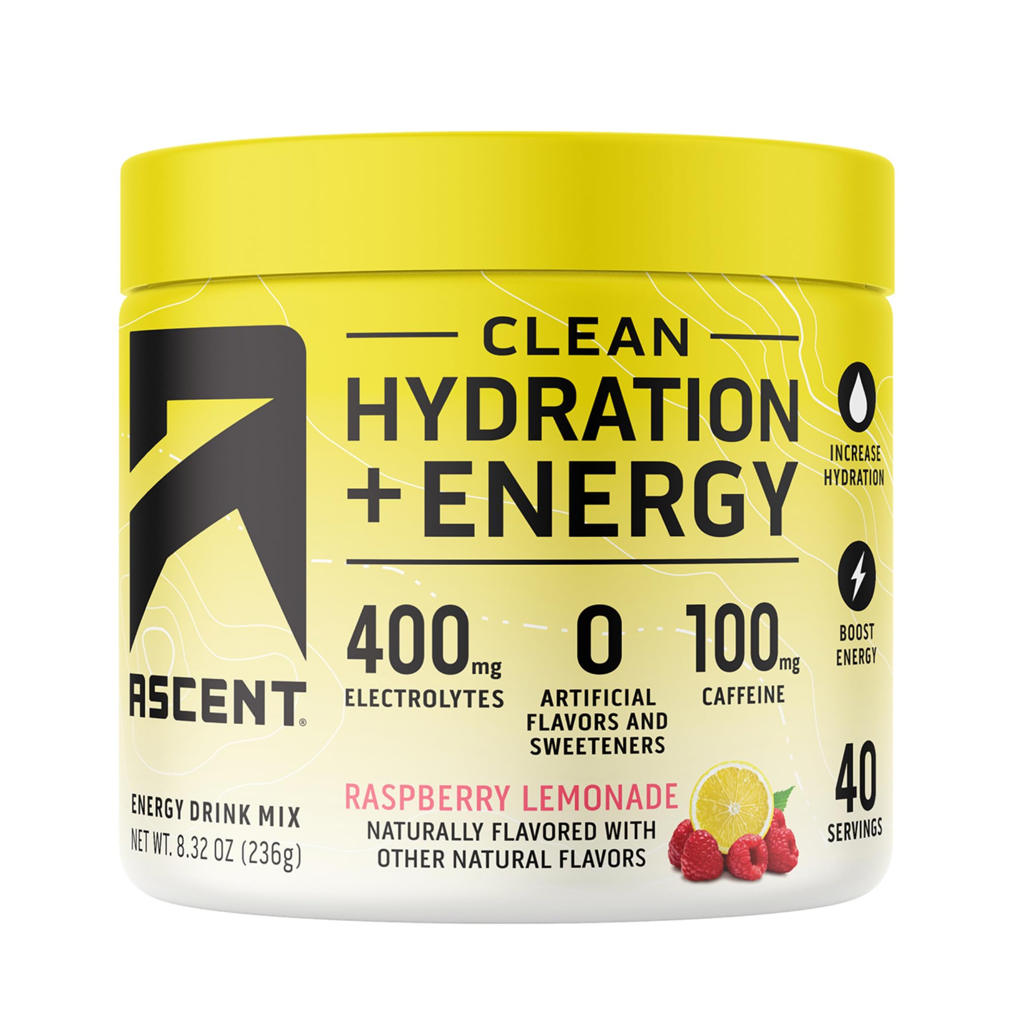 Ascent Clean Hydration + Energy Electrolytes Powder - 100mg Caffeine, 400mg Electrolytes, No Artificial Ingredients, Orange Mango 40 Servings