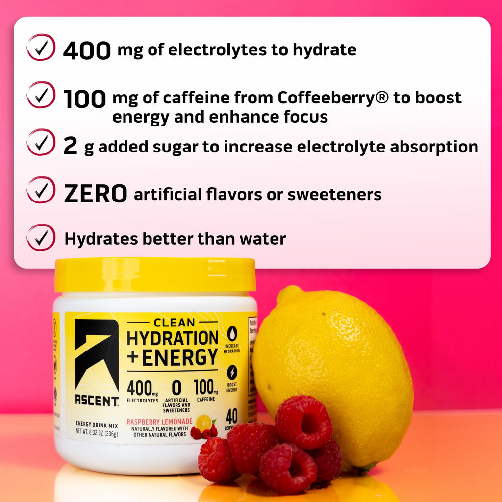 Ascent Clean Hydration + Energy Electrolytes Powder - 100mg Caffeine, 400mg Electrolytes, No Artificial Ingredients, Orange Mango 40 Servings