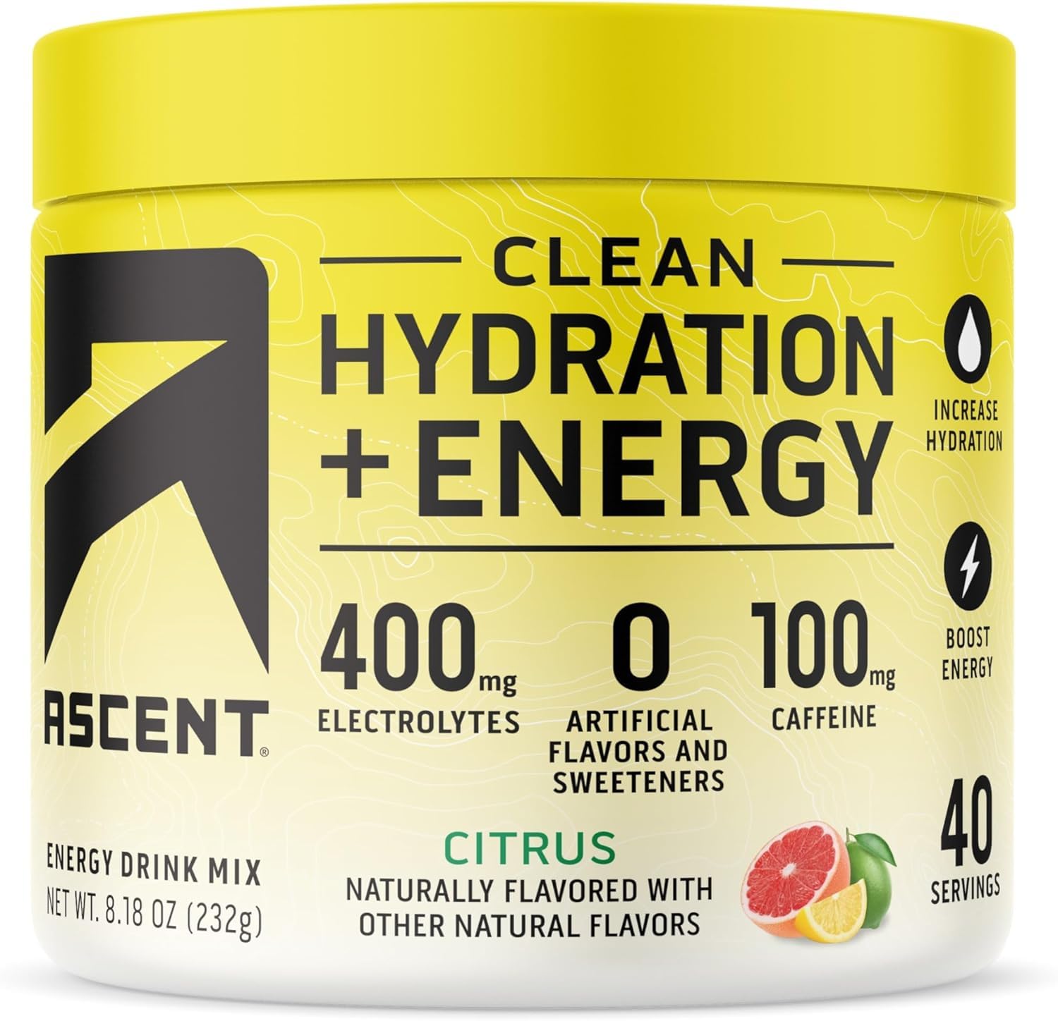 Ascent Clean Hydration + Energy Electrolytes Powder - 100mg Caffeine, 400mg Electrolytes, No Artificial Ingredients, Orange Mango 40 Servings