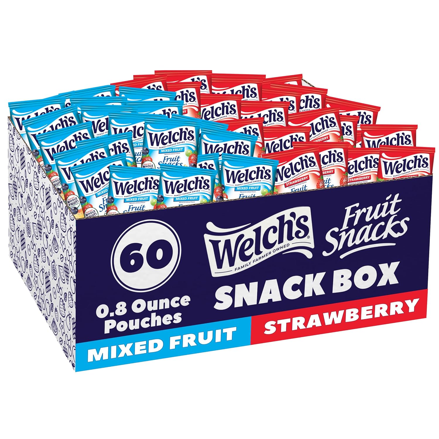 Welch's Fruit Snacks, Mixed Fruit & Strawberry Snack Box, Gluten Free, 0.8oz Snack Packs (Pack of 60)