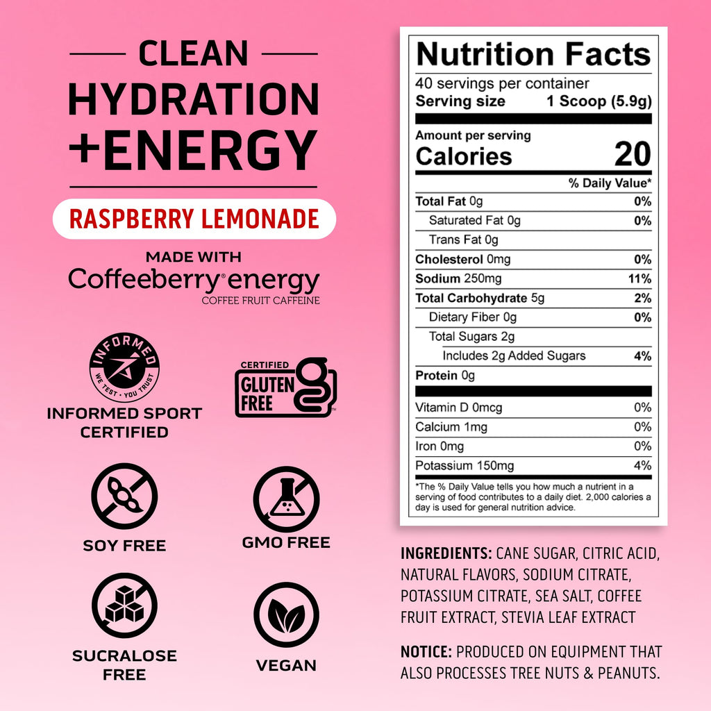Ascent Clean Hydration + Energy Electrolytes Powder - 100mg Caffeine, 400mg Electrolytes, No Artificial Ingredients, Orange Mango 40 Servings