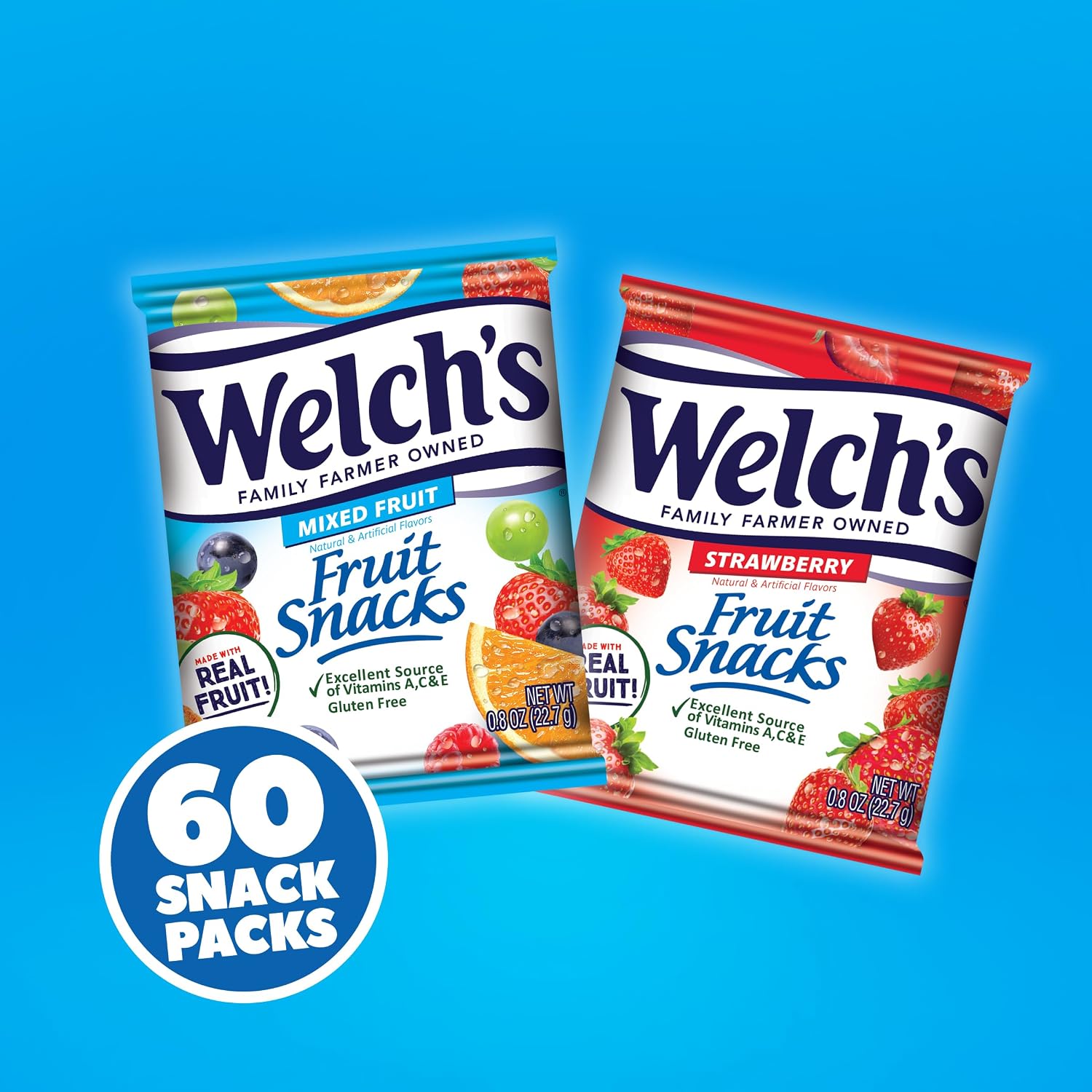 Welch's Fruit Snacks, Mixed Fruit & Strawberry Snack Box, Gluten Free, 0.8oz Snack Packs (Pack of 60)