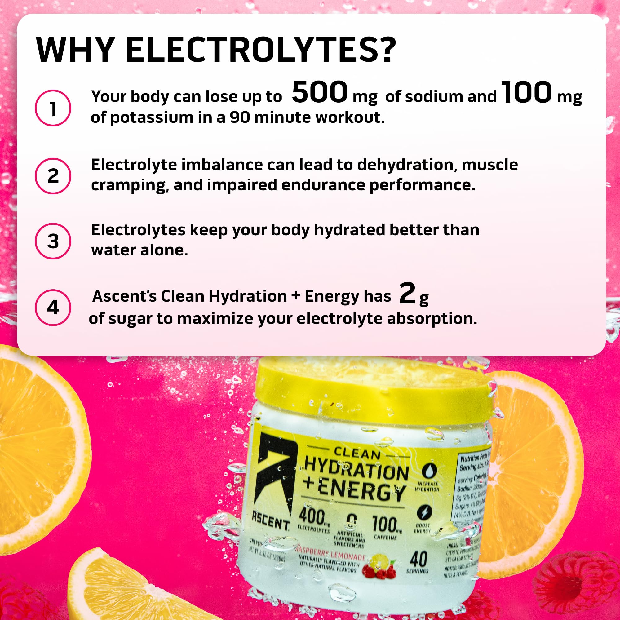 Ascent Clean Hydration + Energy Electrolytes Powder - 100mg Caffeine, 400mg Electrolytes, No Artificial Ingredients, Orange Mango 40 Servings