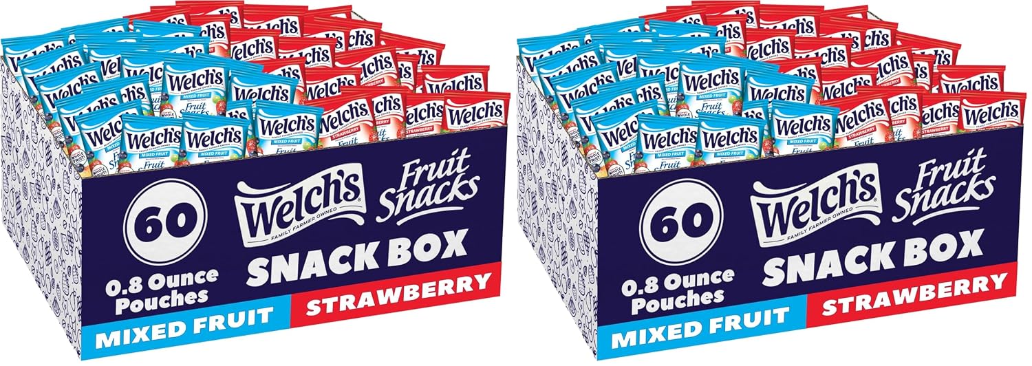 Welch's Fruit Snacks, Mixed Fruit & Strawberry Snack Box, Gluten Free, 0.8oz Snack Packs (Pack of 60)